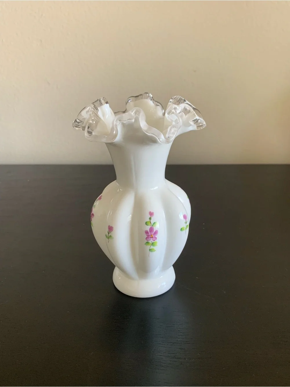 Fenton Silver Crest Milk Glass “Violets in the Snow” Ruffle Edge Melon Vase